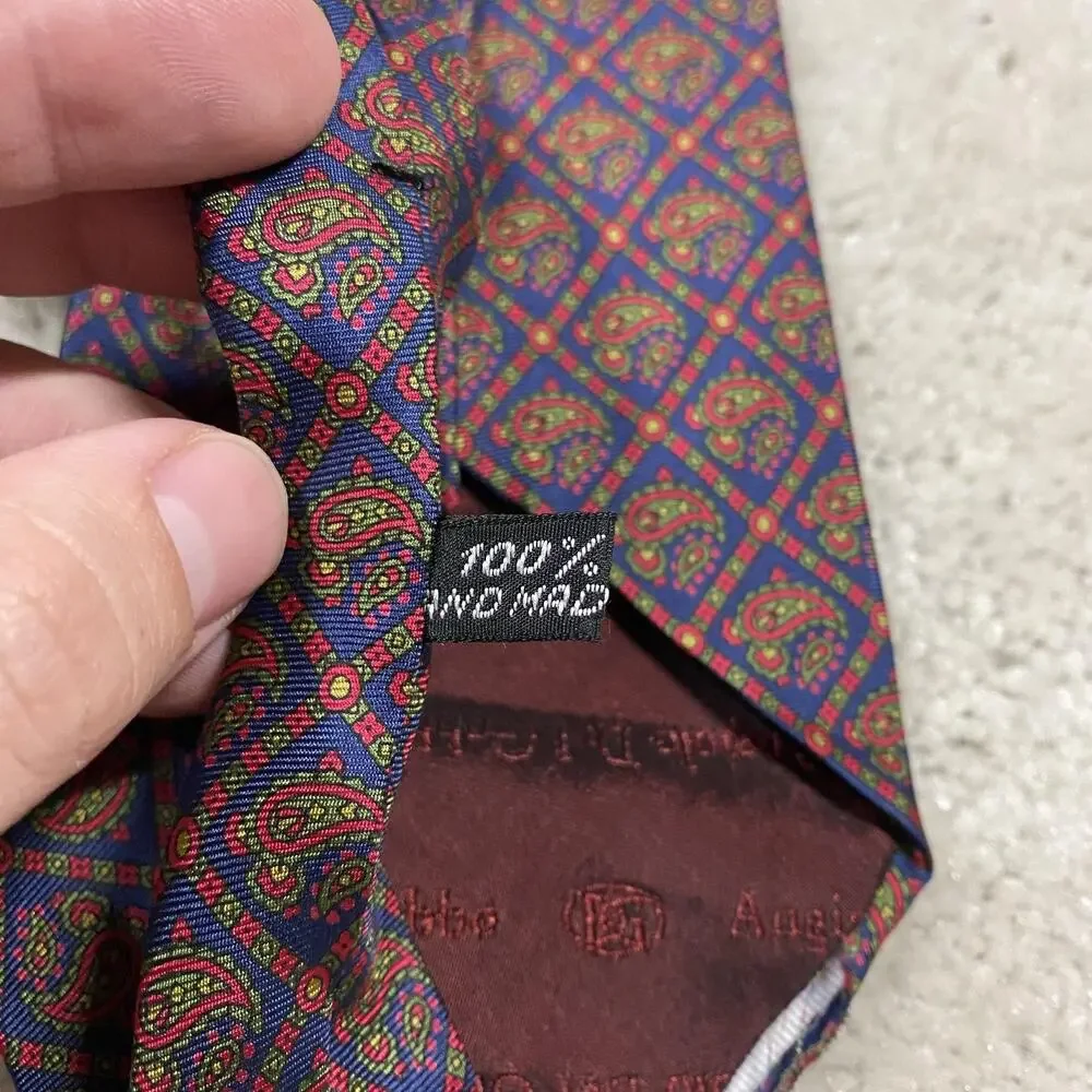 Vintage Angiolo Del Gobbo Tie Mens Blue Silk Paisley Jacquard Necktie Italy Prep